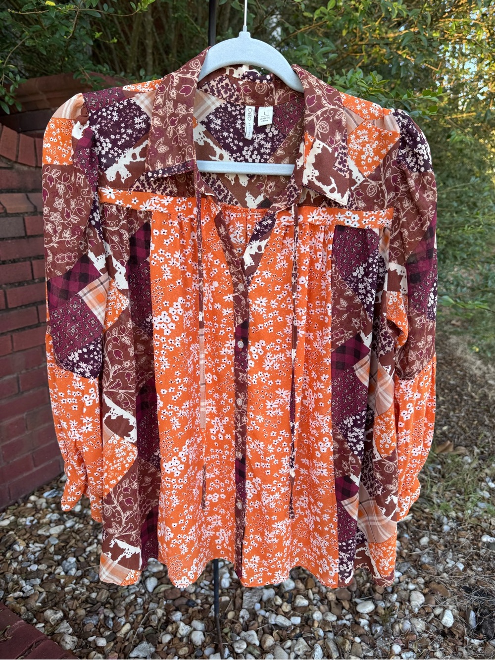 Cato Large Patchwork Floral Blouse Orange Brown Boho Button Front